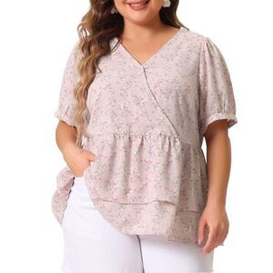 Plus Size Summer Floral Short Sleeves Peplum Layer Flare Hem Tops Pink